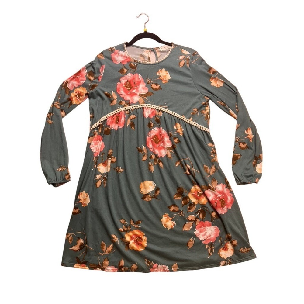 Perfect Peach Floral Dress Womens Medium Green Pom Pom Trim Pockets